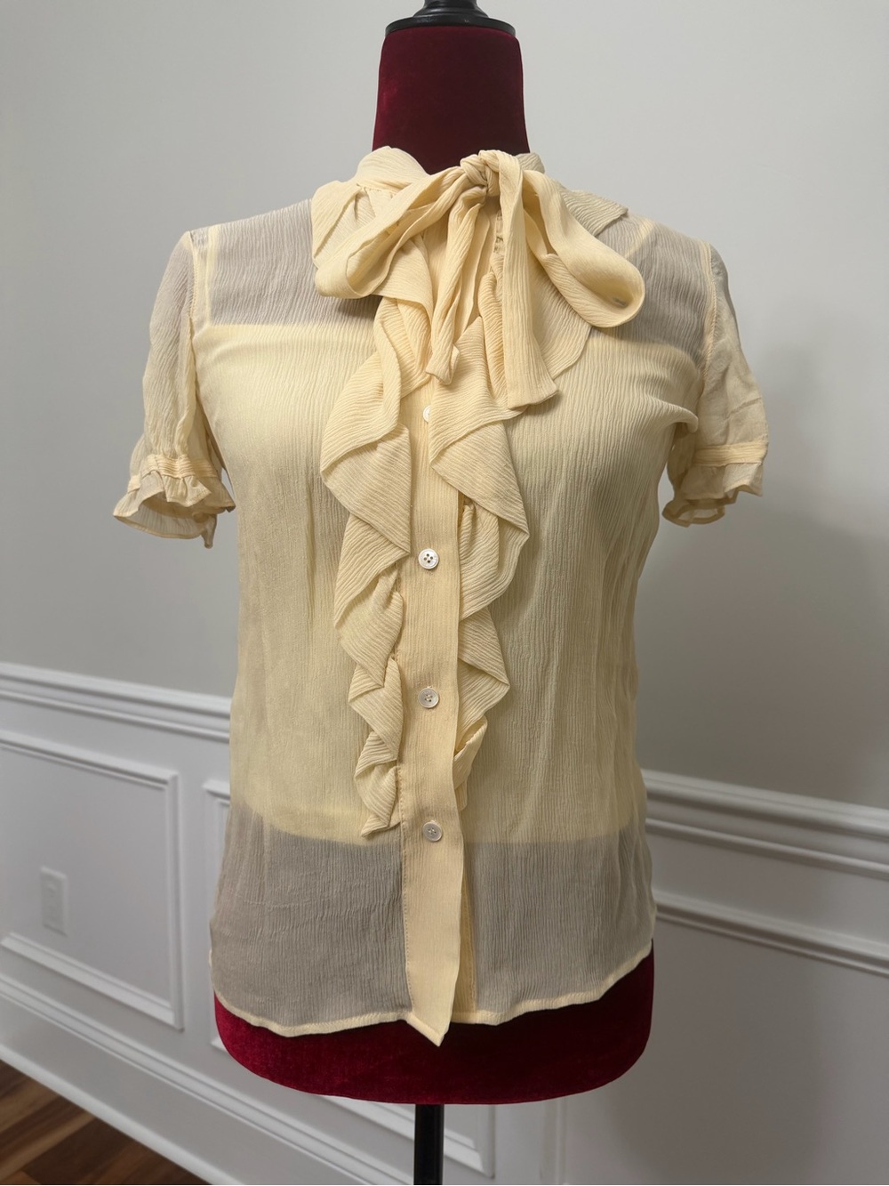 Solezia Korean Designer Yellow Ruffle  Bow Blouse Sheer Chiffon Size S